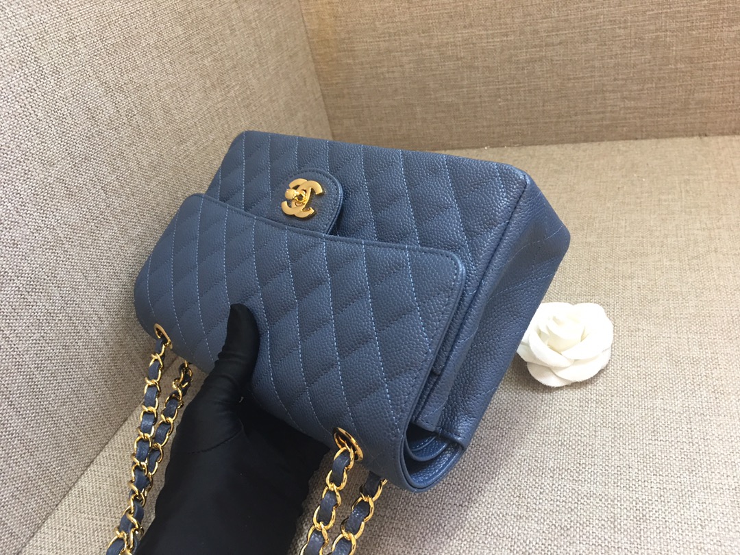 Medium Classic Flap Caviar Bag A01112 Dark Blue/Gold